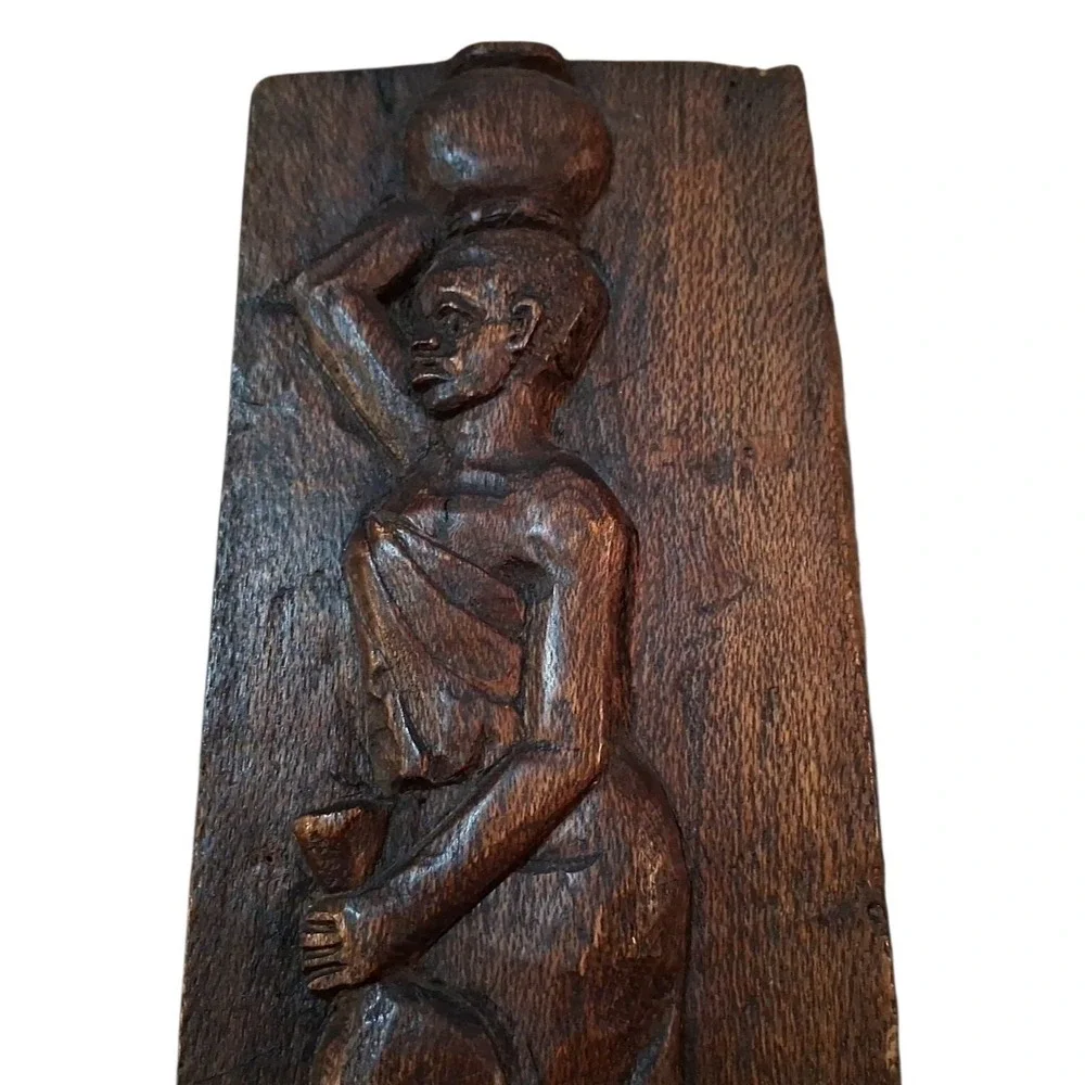 Folk Art Rustic Primitive Woman Figure Hand Carved Wooden Wall Panel Signed 12